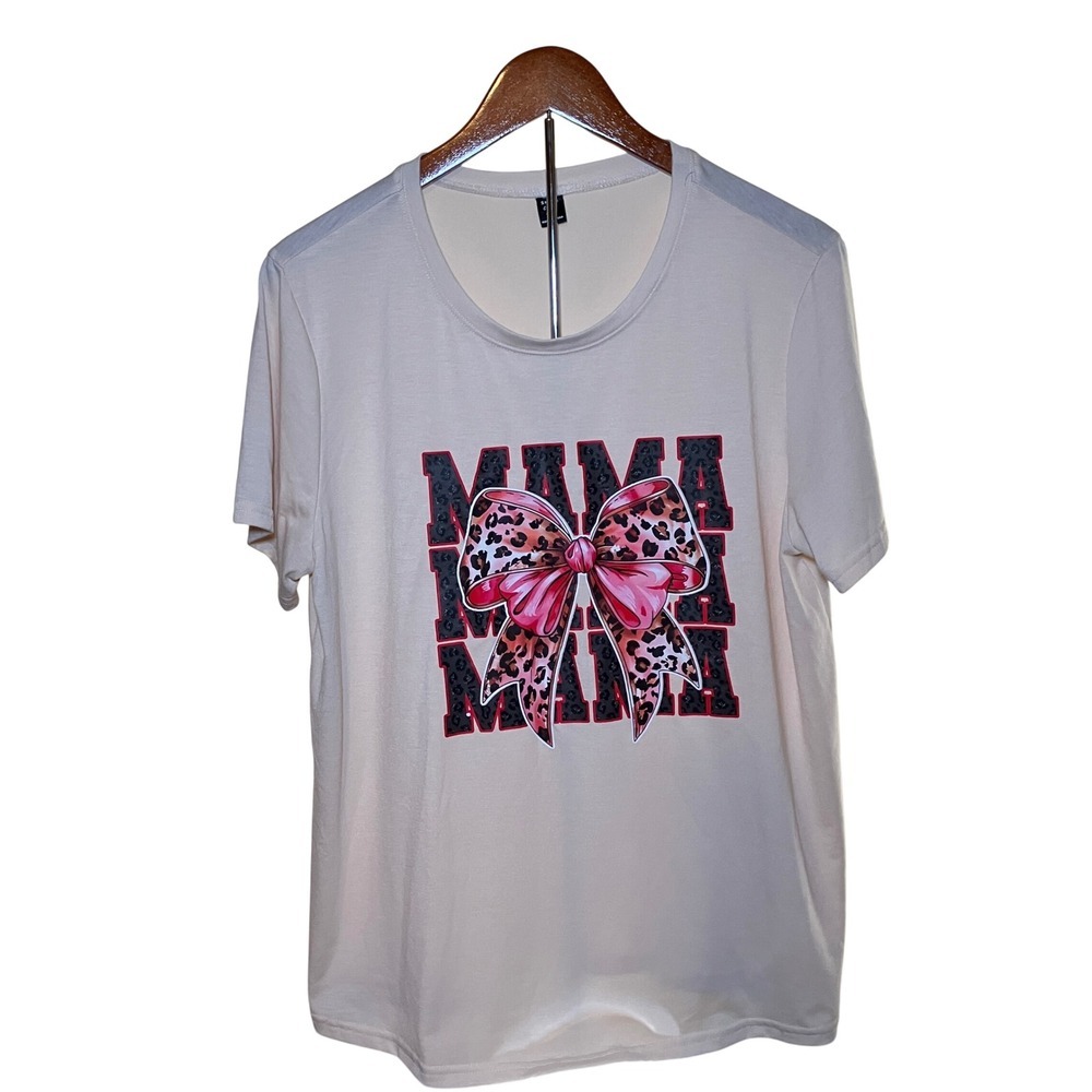 SHEIN Curve Size 0XL Mama Graphic Tee Cream Leopard Bow Short Sleeve T-Shirt
